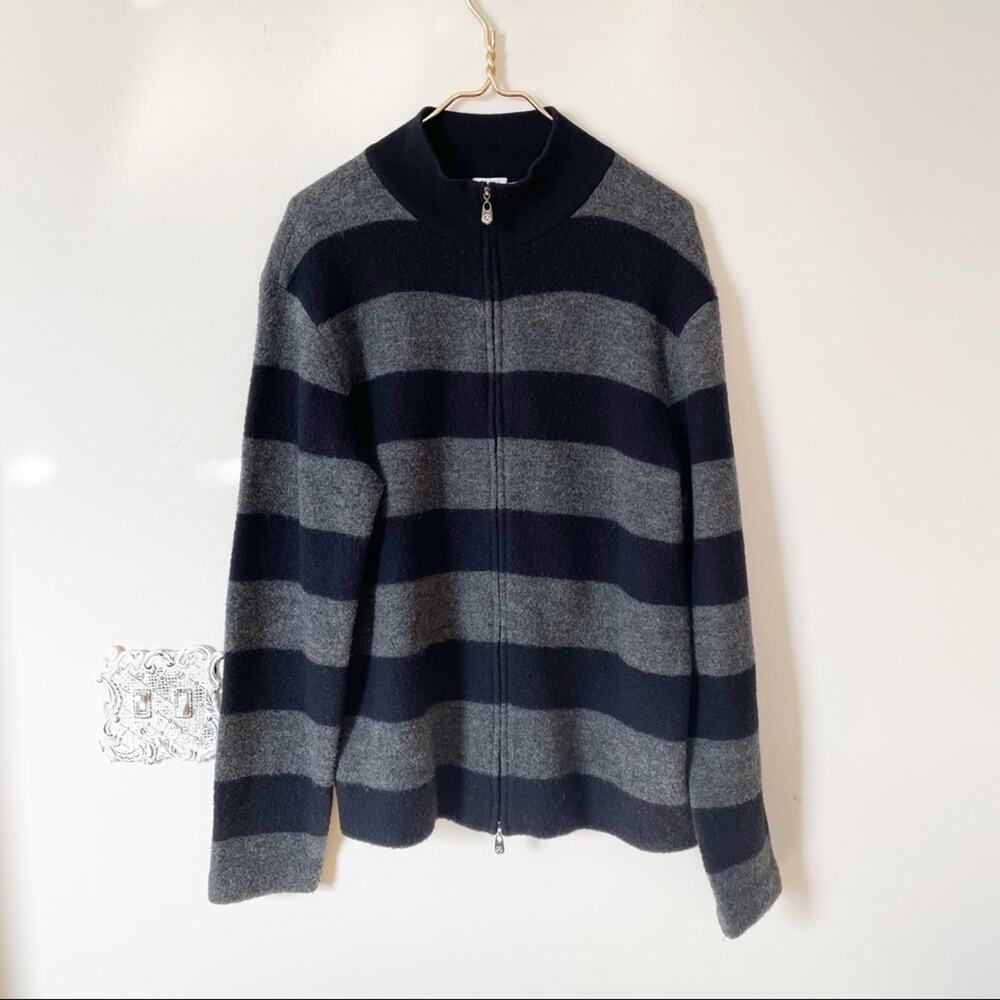 Armani Collezioni Black and Gray Rugby Striped Wool Sweater Zip Up Jacket M
